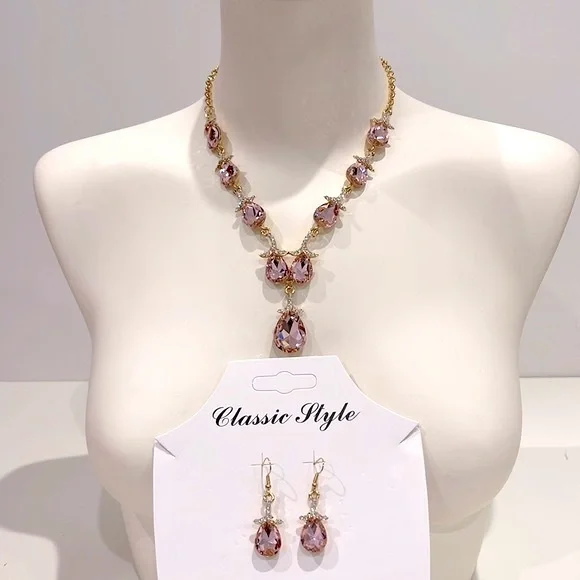 SET NECKLACE & EARRINGS Golden and Pale Pink. Brand New - Picture 1 of 6